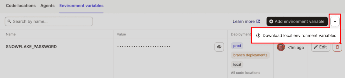 Highlighted Download local variables file in Environment Variables tab of Dagster Cloud